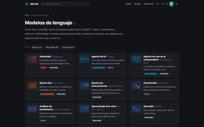 La categoría de modelos de lenguaje: las entradas se filtran por inicial, estándar y avanzada, y cada tarjeta lleva un pequeño diagrama y una descripción de una línea.