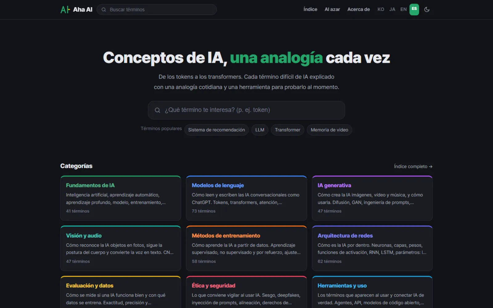 La portada de Ajá IA: bajo el titular "con una comparación suele bastar" hay un buscador, y nueve tarjetas de categoría que indican cuántos términos contiene cada una.
