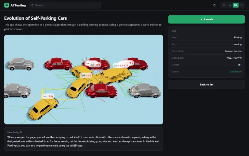 A resource description screen for a self-parking example, showing the description, how to try it, field and technique, and source and licence.