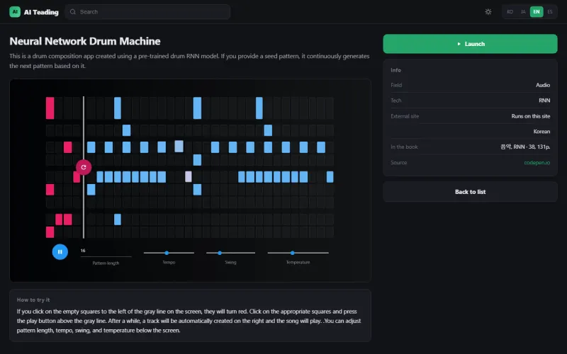 A resource description screen for a drum machine example, showing which chapter and page of the book it appears on.