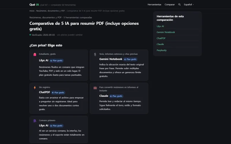 Comparativa de cinco IA para resumir PDF: bajo "si tienes prisa" hay tarjetas de recomendación por situación y, más abajo, la tabla comparativa.