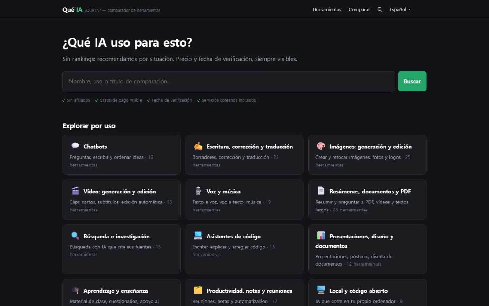La portada de Qué IA: bajo el titular "¿qué IA para esto?" hay un buscador, y debajo tarjetas de uso —IA conversacional, escritura, generación de imágenes— en cuadrícula.