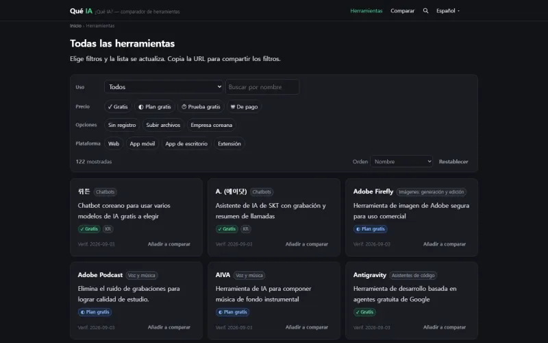La página de todas las herramientas: arriba, filtros de uso, precio, idioma, condiciones y plataforma; debajo, las fichas de las herramientas.