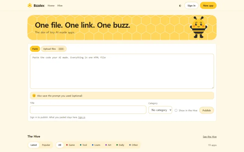 Beranda Bzzdex: pita kuning bermotif sarang lebah bertuliskan "One file. One link. One buzz.", di atas kotak besar untuk menempel kode dan tombol terbitkan.