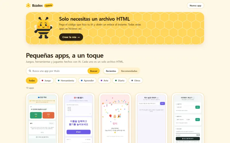 La galería de bzzdex.com: bajo una franja con la abeja mascota hay un buscador por título, botones de orden y categoría, y tarjetas de vista previa con forma de móvil.