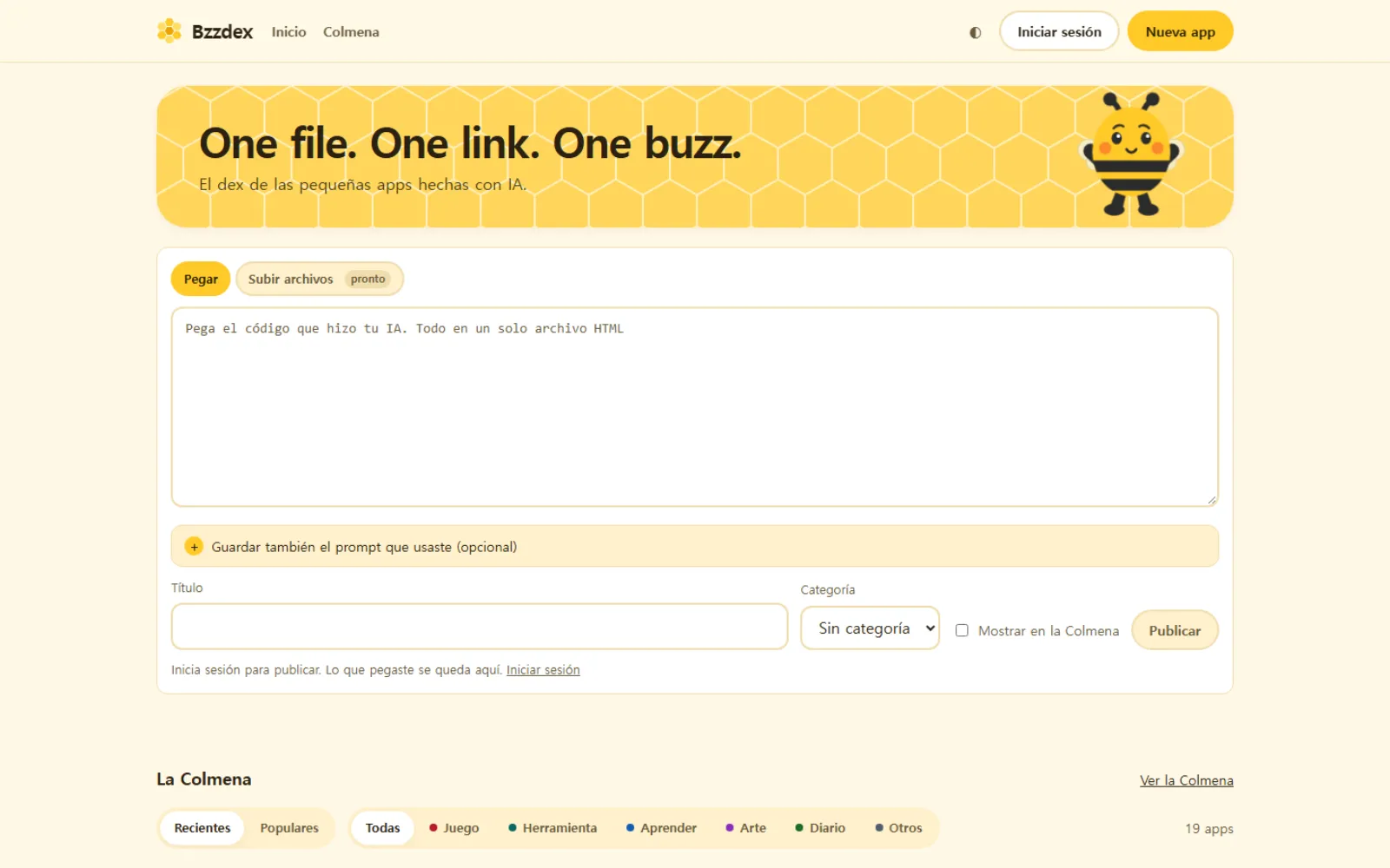 La portada de Bzzdex: una franja amarilla con dibujo de panal dice «One file. One link. One buzz.», sobre un gran cuadro para pegar código y un botón para publicar.