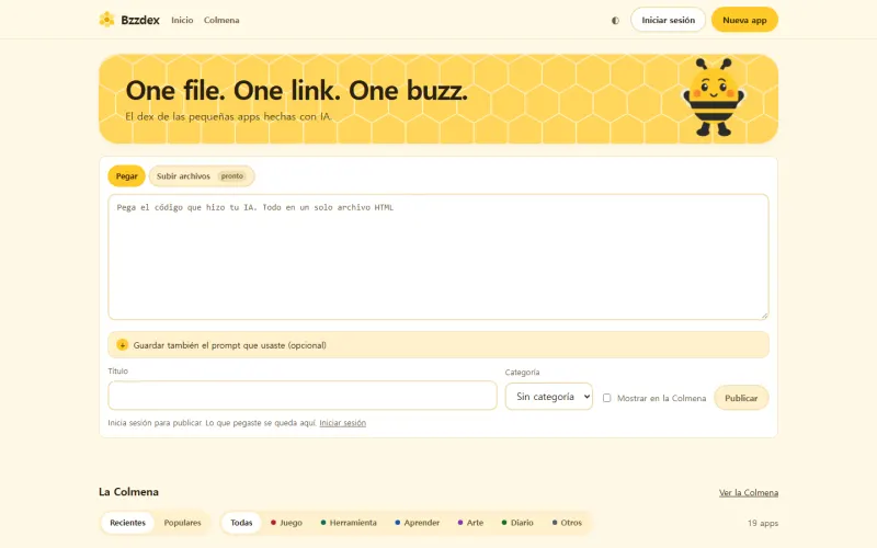 La portada de Bzzdex: una franja amarilla con dibujo de panal dice «One file. One link. One buzz.», sobre un gran cuadro para pegar código y un botón para publicar.