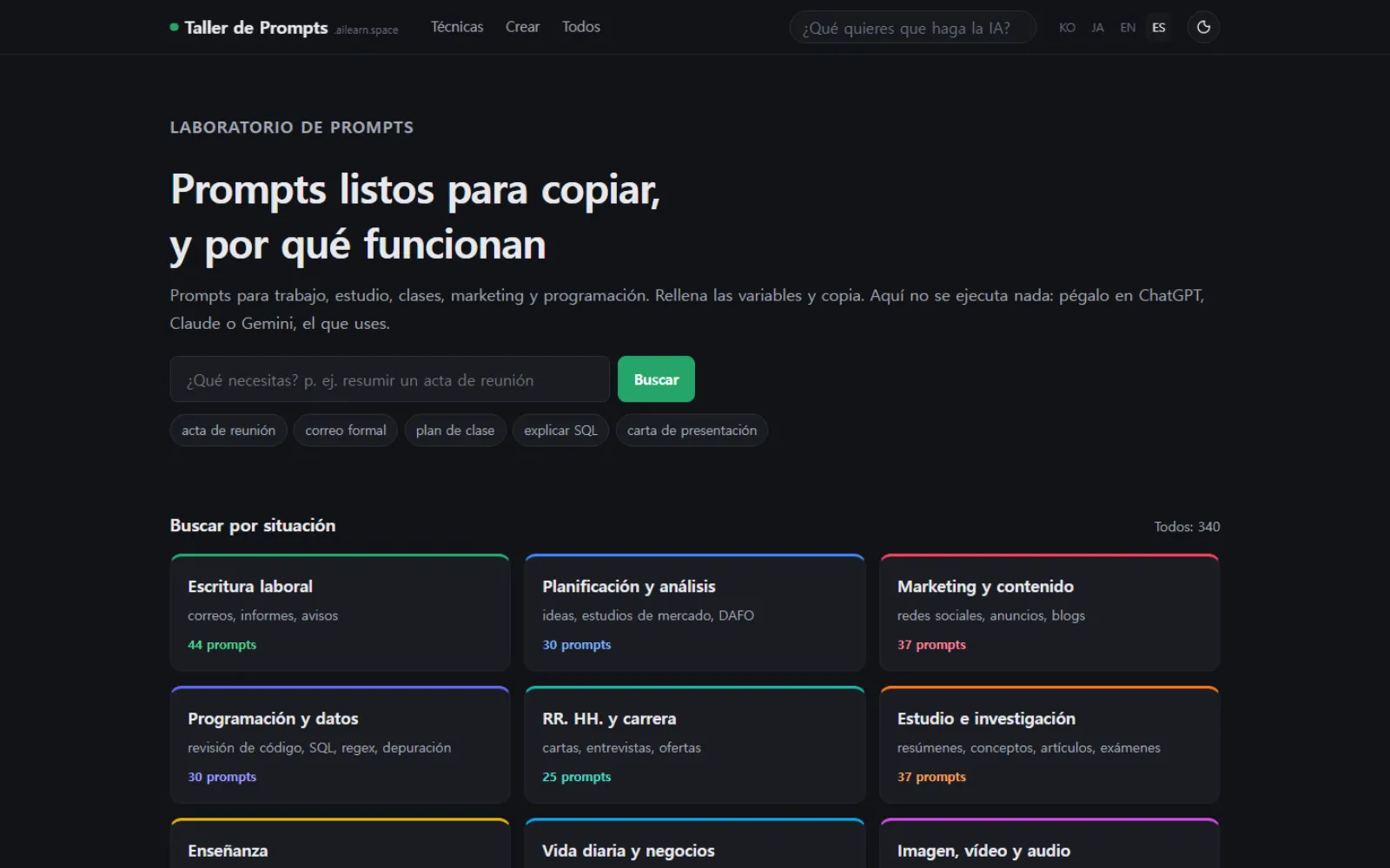 La portada del Taller de Prompts: bajo el titular "prompts para copiar y usar" hay un buscador, y tarjetas por situación con el número de prompts de cada una.