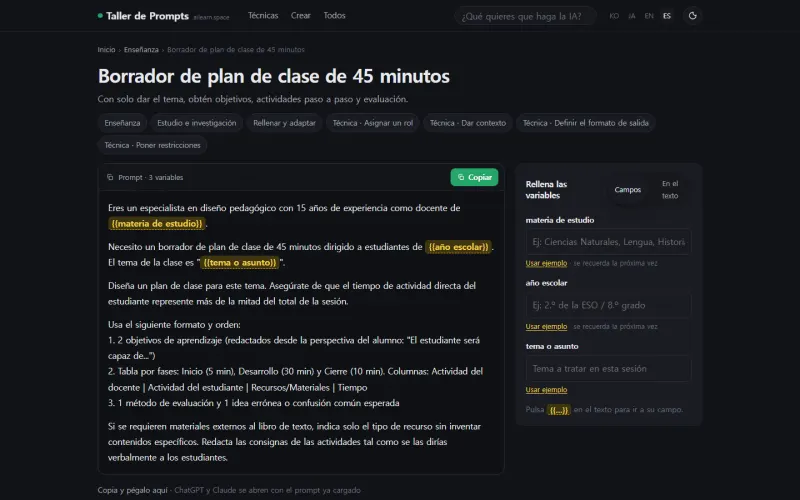 Un prompt de programación de aula: a la izquierda el texto con las variables marcadas, a la derecha las casillas para rellenarlas, y debajo los botones para abrir en cada IA.