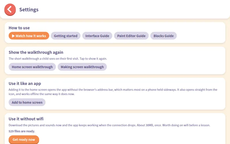 The grown-ups' getting-started page, covering what a child learns and a guide to the first half hour.