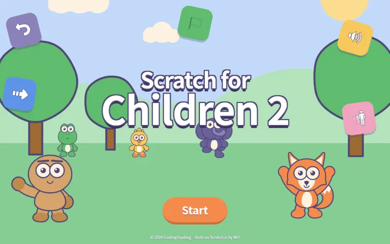 The opening screen of Scratch for Children 2, with characters on a meadow background and a start button.