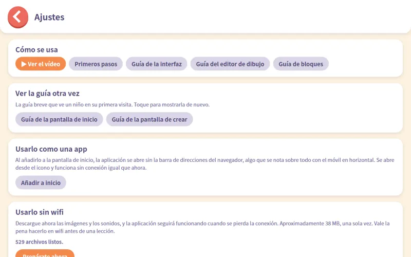 Página de primeros pasos para adultos, con lo que aprende un niño y una guía de la primera media hora.