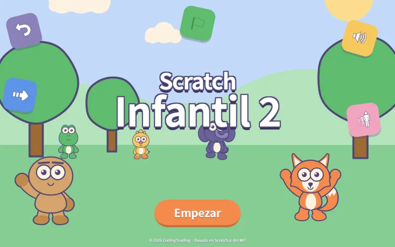 Pantalla inicial de Scratch Infantil 2, con personajes sobre un fondo de pradera y un botón de inicio.