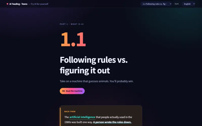 Capítulo 1.1, “Pelas regras vs aprender sozinho”, com uma etiqueta que leva à sua prática.