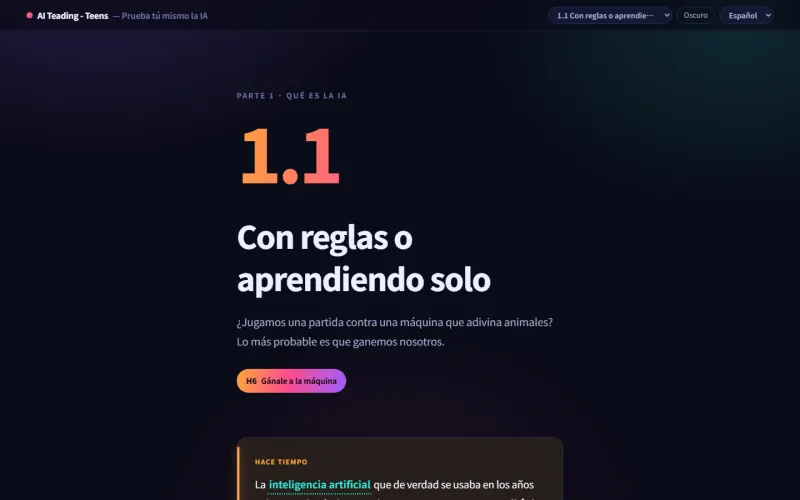 Capítulo 1.1, «Según las reglas frente a aprender solo», con una etiqueta que lleva a su práctica.