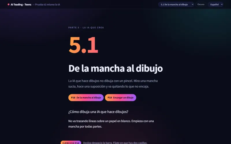 Capítulo 5.1, «De la mancha al dibujo»: una práctica donde un deslizador muestra cómo dibuja de verdad una IA que genera imágenes.
